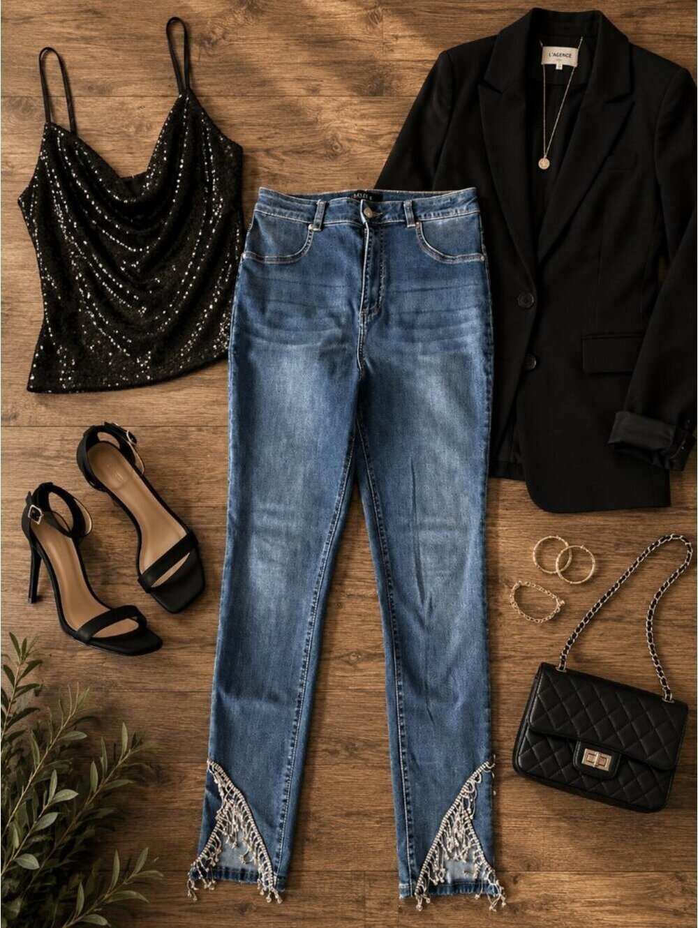 AKIRA Blue Skinny Jeans Women’s Size 17 Rhinestone Fringe Hem Stretch Denim Glam